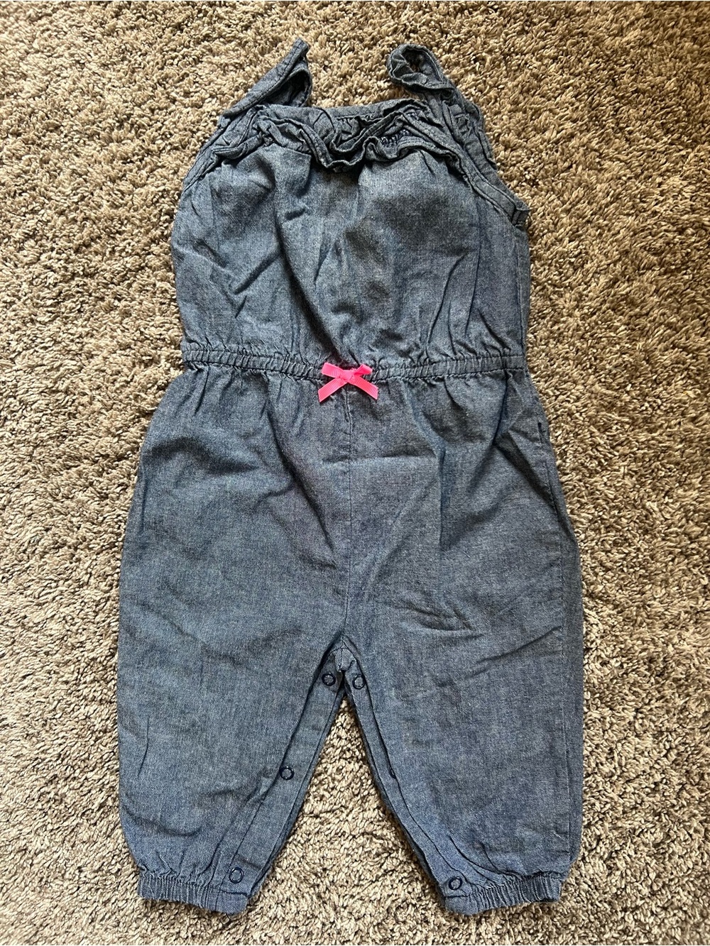 Carter's Dark Gray Denim-Style Romper with Pink Bow